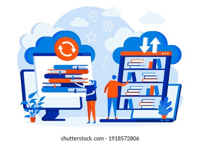 Cloud library web design concept with people characters. People choose online books scene. E-library service composition in flat style. Vector illustration for social media promotional materials.
