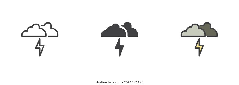 The cloud and lightning bolt different style icon set. Line, glyph and filled outline colorful version, outline and filled vector sign. Stormy weather symbol, logo illustration. Vector graphics