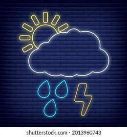 Cloud with lightning bolt thunder, rain icon glow neon style, concept weather condition outline flat vector illustration, isolated on black. Brick background, web climate label stuff.