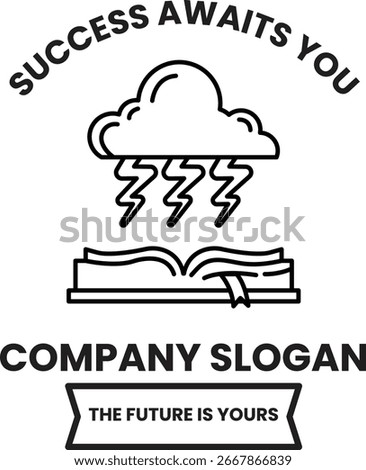 A cloud with lightning bolts is on a book. The text says success awaits you. The image is a company slogan