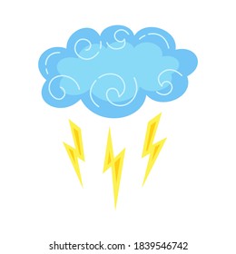 Cloud lightning cartoon style. Abstract flat bad weather colors hand drawn symbol. Cute thunderstorm, bright nature weather element. Meteorological infographics for print, fabric. Vector