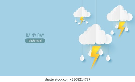 Cloud and lightning with drops rain on blue background. Paper cut and craft style illustration. Rainy concept