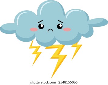 Nube con el Vector de la emoción del rayo en el fondo blanco. Clima lindo de la emoción. relámpago en el cielo. Ilustración vectorial de dibujos animados