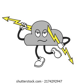 Cloud with lightning in his hands, cartoon character. Isolated vector illustration in doodle retro design. Print for t-shirt, sticker, street wear.