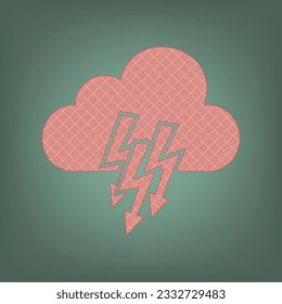 Cloud with lightning icon. Apricot Icon with Brick Red parquet floor graphic pattern on a Ebony background. Feldgrau. Green. Illustration.
