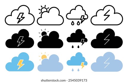 Icono de relámpago de la nube en versiones negras y de color.
