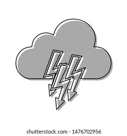 Cloud with lightning icon. Black line icon with gray shifted flat filled icon on white background. Illustration.