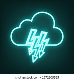 Cloud with lightning icon. Cyan neon icon in the dark. Bluring. Luminescence. Illustration.