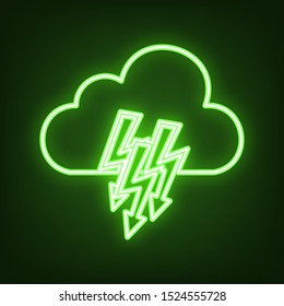 Cloud with lightning icon. Green neon icon in the dark. Blurred lightening. Illustration.