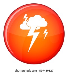 Cloud and lightning icon in red circle isolated on white background vector illustration
