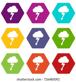 Cloud with lightning icon set many color hexahedron isolated on white vector illustration
