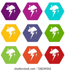 Cloud and lightning icon set many color hexahedron isolated on white vector illustration