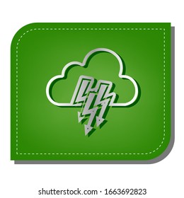Cloud with lightning icon. Silver gradient line icon with dark green shadow at ecological patched green leaf. Illustration.