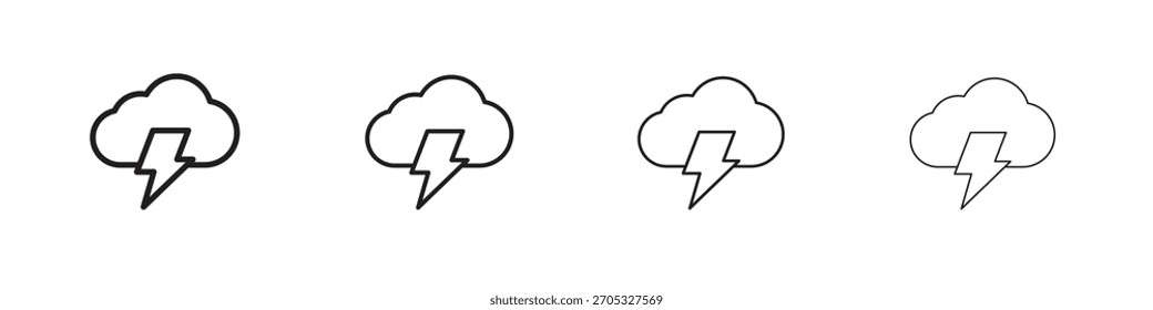 Cloud lightning icons in black simple line elements.