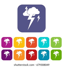 Cloud and lightning icons set vector illustration in flat style In colors red, blue, green and other