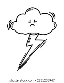 Cloud with lightning. Meteorological. Line art. Thunderstorm weather symbol for web printing and applications. Vector illustration in doodle style isolated on the white 