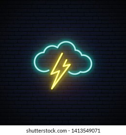 Cloud and lightning neon icon. Lightning glowing sign. Vector symbol.