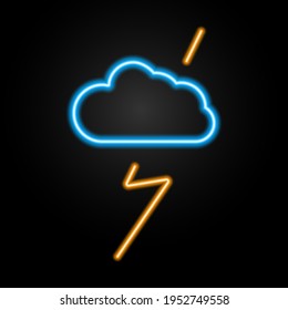 Cloud with lightning neon sign, modern glowing banner design, colorful trend of modern design on black background. Vector illustration.