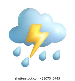 Cloud with lightning and rain 3d vector illustration. Thunderstorm warning on weekend in cartoon style isolated on white background. Weather forecast, meteorology concept