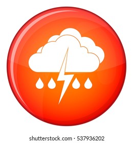 Cloud with lightning and rain icon in red circle isolated on white background vector illustration