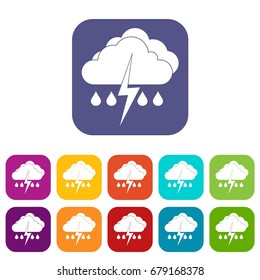 Cloud with lightning and rain icons set vector illustration in flat style In colors red, blue, green and other