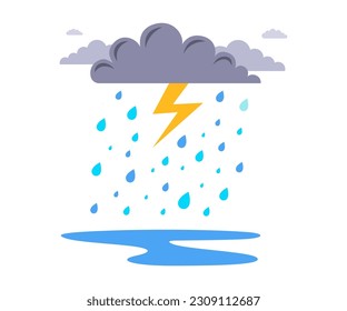 cloud with lightning and rain on a white background. flat vector illustration.