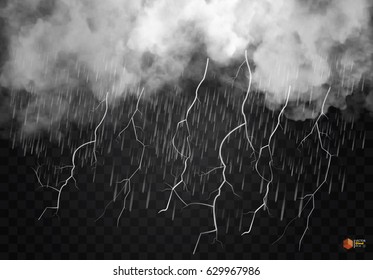 Cloud and lightning with rain and white clouds isolated on a transparent background. Vector EPS10