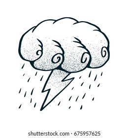Cloud, lightning and rain.Simple vector illustration with dotted shading.T shirt print design.EPS8
