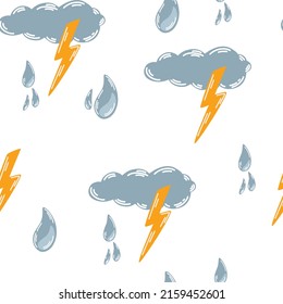Cloud with lightning seamless pattern. Meteorological. Thunderstorm weather symbol for web printing and applications. Vector Hand draw illustration isolated on the white background.