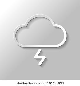 cloud and lightning. simple outline icon. linear symbol with thin outline. Paper style with shadow on gray background