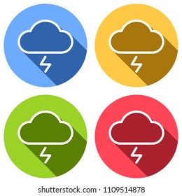 cloud and lightning. simple outline icon. linear symbol with thin outline. Set of white icons with long shadow on blue, orange, green and red colored circles. Sticker style