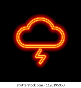 cloud and lightning. simple outline icon. linear symbol with thin outline. Orange neon style on black background. Light icon