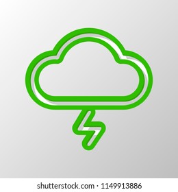 cloud and lightning. simple outline icon. linear symbol with thin outline. Paper style. Cut symbol with green bold contour on shape and simple shadow