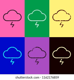 cloud and lightning. simple outline icon. linear symbol with thin outline. Pop art style. Scratched icons on 6 colour backgrounds. 