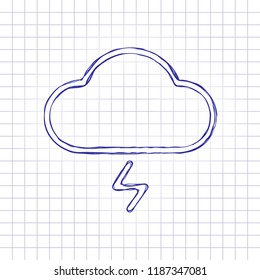 cloud and lightning. simple outline icon. linear symbol with thin outline. Hand drawn picture on paper sheet. Blue ink, outline sketch style. Doodle on checkered background