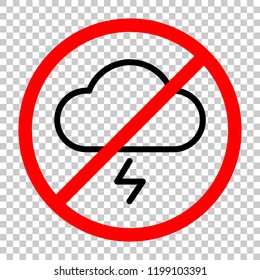 cloud and lightning. simple outline icon. linear symbol with thin outline. Not allowed, black object in red warning sign with transparent background