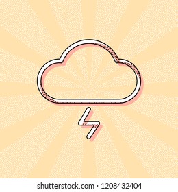 cloud and lightning. simple outline icon. linear symbol with thin outline. Vintage retro typography with offset printing effect. Dots poster with comics pop art background
