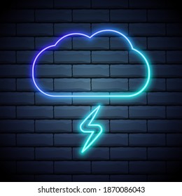 cloud and lightning. simple outline icon. linear symbol with thin outline. Blue neon style on dark brick wall background. Light icon.