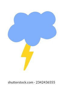 Cloud and lightning strike hand painted with brush. Doodle cloud and thunder bolt icon isolated on white background.