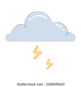 Cloud with lightning strikes or thunderbolts. Cute thunder storm weather icon. Colored flat vector illustration isolated on white background