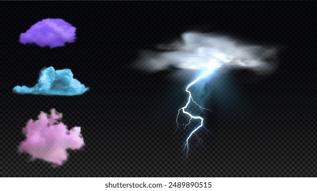 Wolke mit Blitzeinschlägen, Gewitterwolken-Vektorillustrationen gesetzt. Realistische Sturmwolke mit Explosion, Energie-Blitz. Smoke oder Nebel in verschiedenen Farben. Glühender Blitz mit Dampf, Dampf