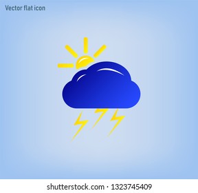 Cloud, lightning and sun vector icon. Cloud, sun and lightning, with a thunderstorm weather icon. Cloudy weather with lightning and thunderstorm. Vector.