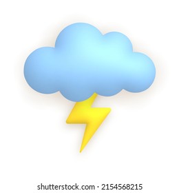 Cloud, lightning, thunder. Cute weather realistic icon. 3d cartoon vector illustration.
