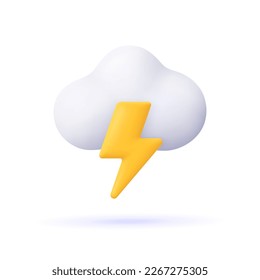 Cloud with lightning thunder, thunderstorm cloud. Weather, Meteo forecast concept. 3d vector icon. Cartoon minimal style.