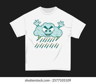 Cloud lightning t-shirt design for print, Earth day graphic tshirt. Greenery design for merchandise. Retro t shirt design for POD. Vintage clothing design.