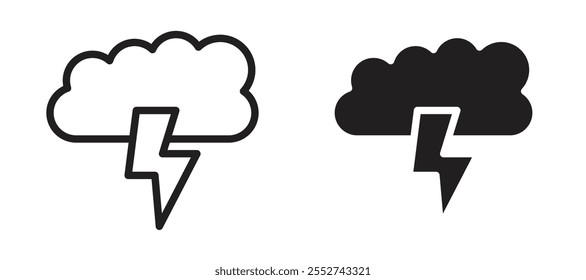 Cloud lightning vector icon set black filled and outlined style.