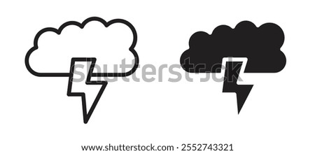 Cloud lightning vector icon set black filled and outlined style.