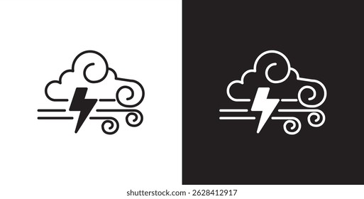 Cloud, lightning and wind icon. Flat icon of lightning and cloud with depicting stormy weather. Cloud vector illustration icon in transparent and black background.