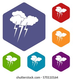 Cloud with lightnings icons set rhombus in different colors isolated on white background
