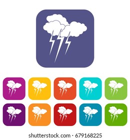 Cloud with lightnings icons set vector illustration in flat style In colors red, blue, green and other